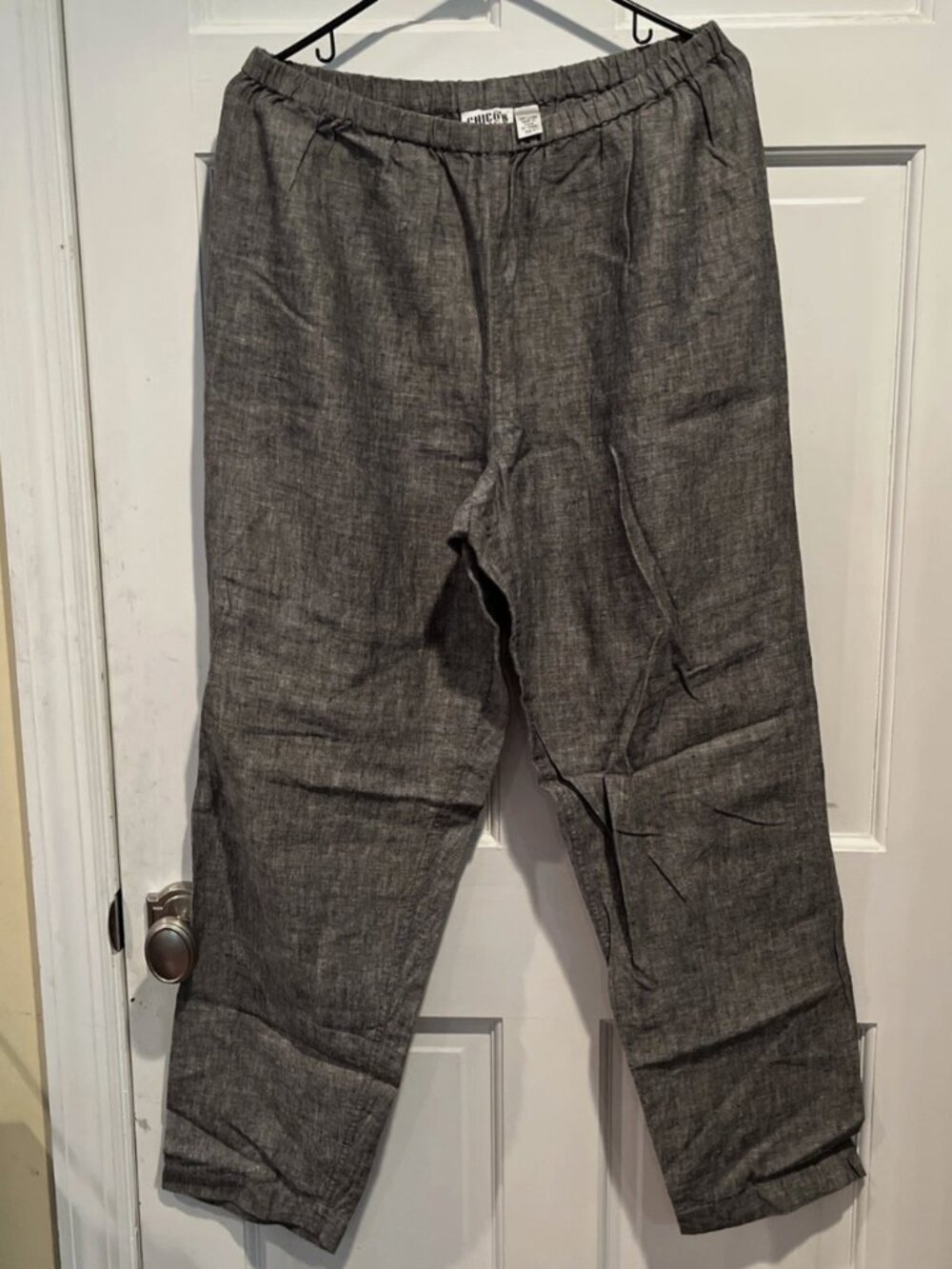 Vintage Chico’s Design Size 3 Gray 100% Linen Pants Wide Leg Pull On High Rise